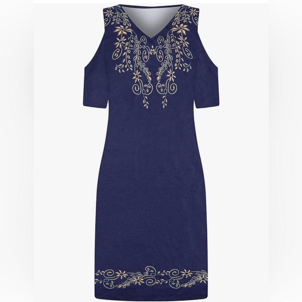 Leaf Print V-neck Short Sleeves Blue Dress SIZE 2XL